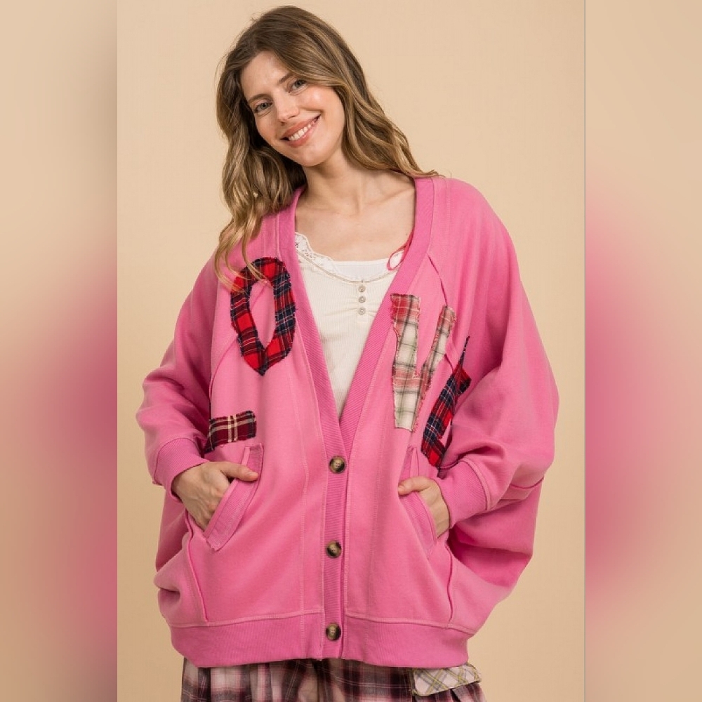 3-1210 *boutique* Oversized LOVE Plaid Pink Fleece Lined Button Cardigan - Picture 4 of 10